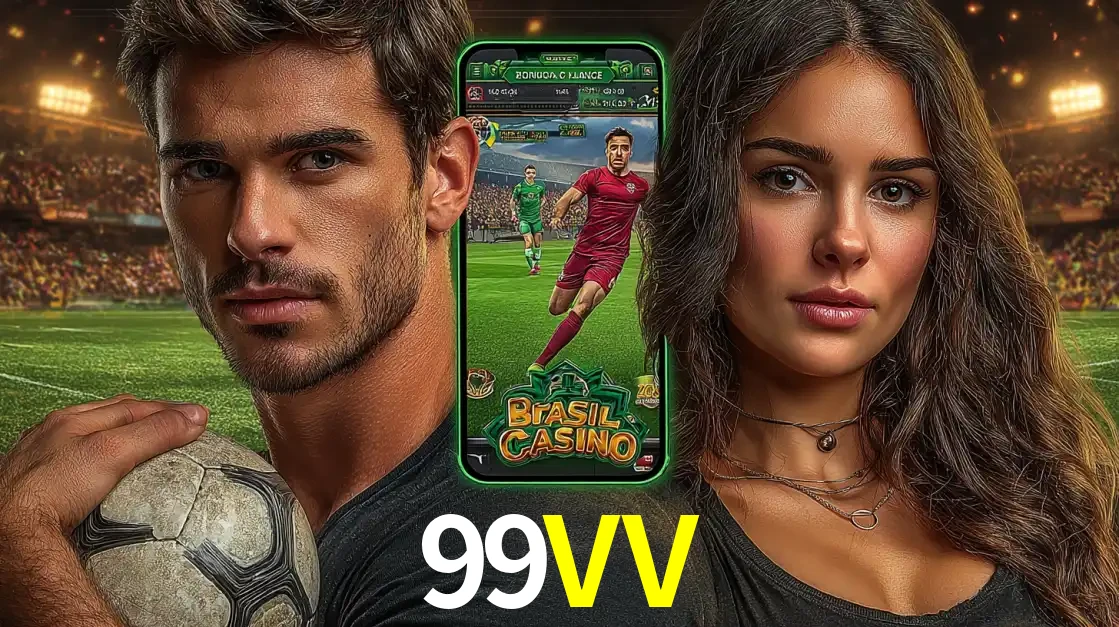 Homem segurando uma bola de futebol e uma mulher ao lado de um smartphone exibindo o jogo de apostas esportivas da 99VV. Faça seu palpite no cassino online.